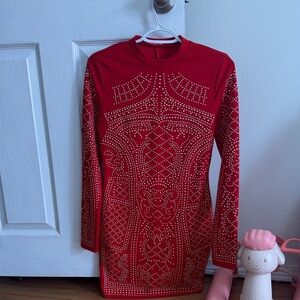 Banjul Red Long Sleeve Studded Dress